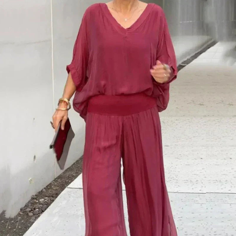 Elegant chiffon top with pants two-piece set