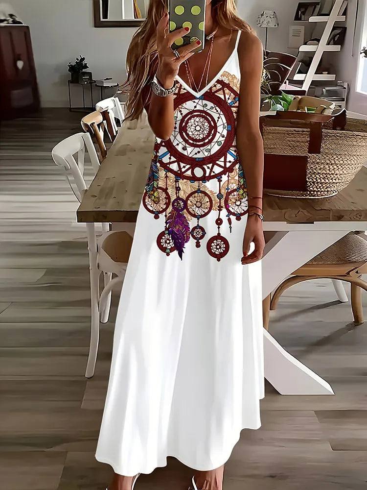 LP | 2024 New Vintage Ethnic Print Ladies Dress Elegant Summer Ladies Dress Casual Sleeveless Road Fashion Ladies Dress Long