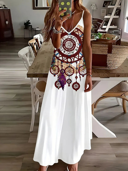 LP | 2024 New Vintage Ethnic Print Ladies Dress Elegant Summer Ladies Dress Casual Sleeveless Road Fashion Ladies Dress Long