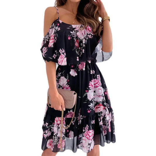 Floral short dress with ruffles and thin straps ideal for summer