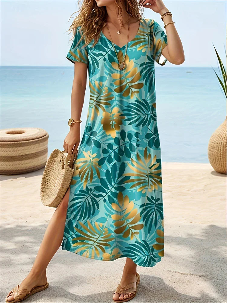 LP | New Floral Printed Dresses Long Hawaiian Dresses Women's Dresses for Holidays Short Sleeve Dresses Fashion Summer V Neck Designs Summer