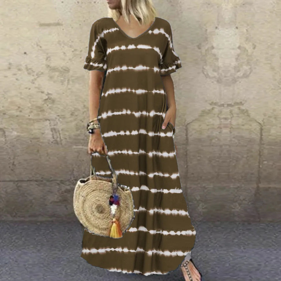 LP | New summer dress V-neck Striped sleeves Printed long dress Large casual dress