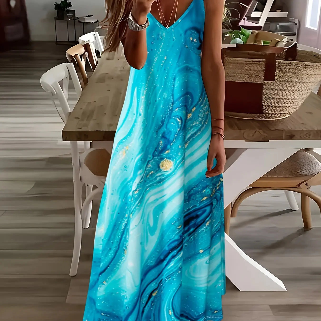 LP | Fresh geometric print V-neck Long dress for suspenders Summer vacation Ankle-length Beach and sea Dress for suspenders