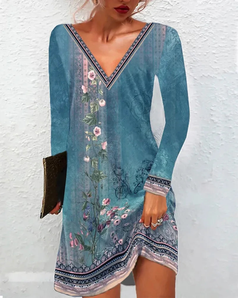 LP | Women's Summer Boho V-neck Short Sleeve Print Vintage Floral Dress Casual Women's Holiday Beach Dresses Loose Vestidos