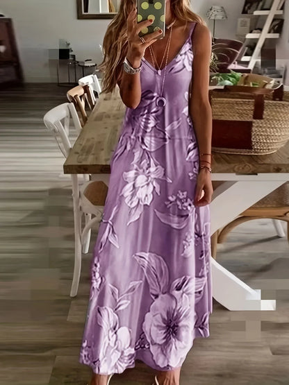 LP | Fresh geometric print V-neck Long dress for suspenders Summer vacation Ankle-length Beach and sea Dress for suspenders