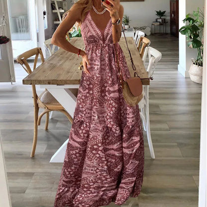 LP | European and American New 2023 Bohemian Style New Strap Long Waist High V-neck Printed Fragmented Dress Floral Women Wea