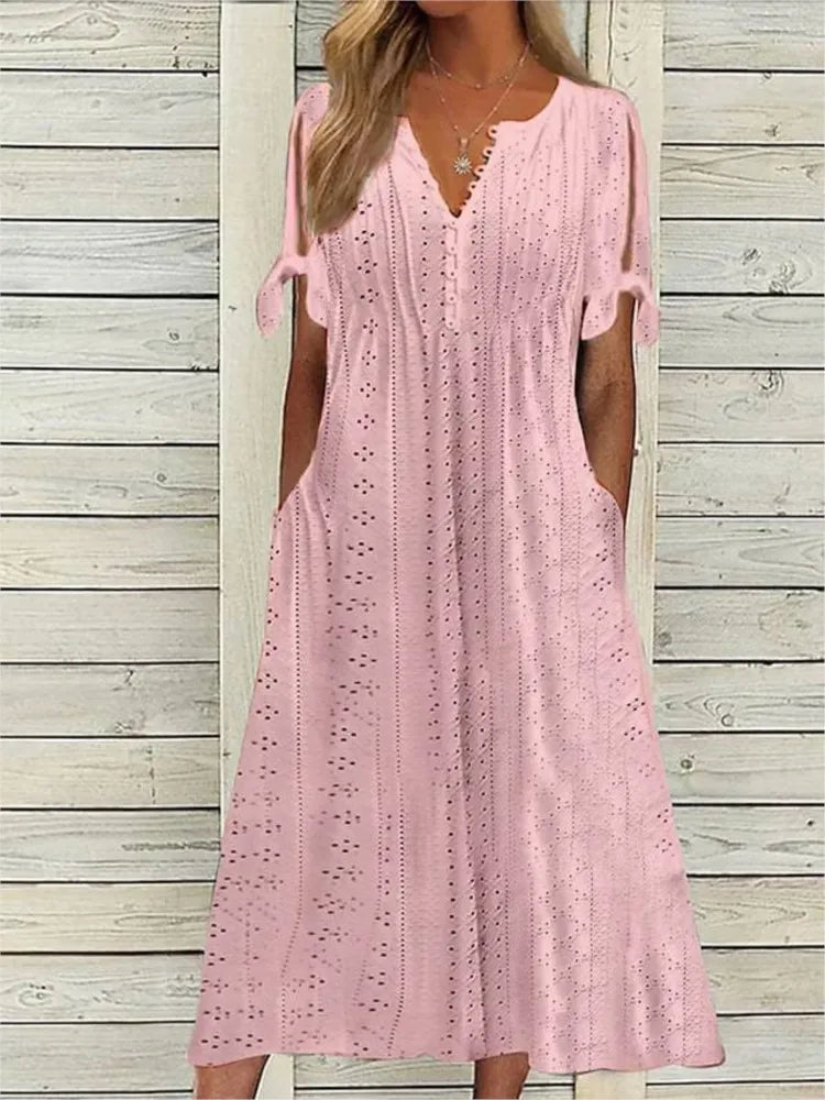 LP | Summer Solid Color Women's Short Sleeve Dresses Fashion Sexy Hollow V Neck Lace Ruffle Casual Simple Women's Beach Vacation Dress