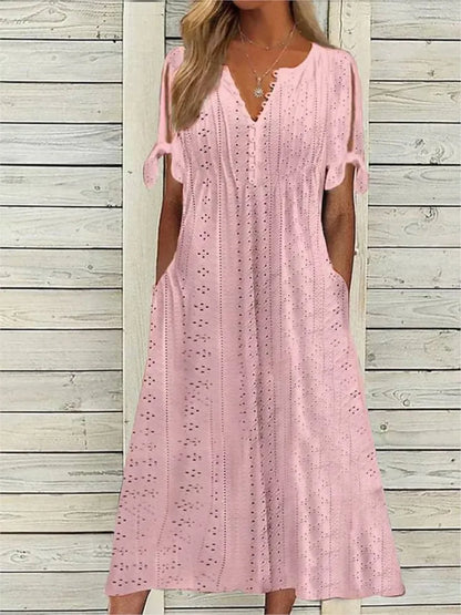 LP | Summer Solid Color Women's Short Sleeve Dresses Fashion Sexy Hollow V Neck Lace Ruffle Casual Simple Women's Beach Vacation Dress