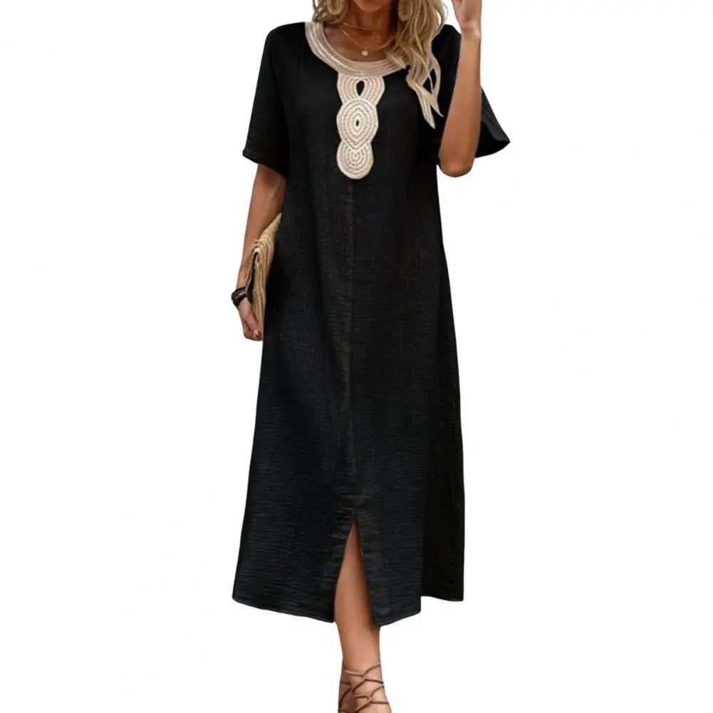 LP | Vintage Women Dress Summer Split Hemline Or Neck Loose Retro Bohemian Straight Casual Breathable Dress Midi