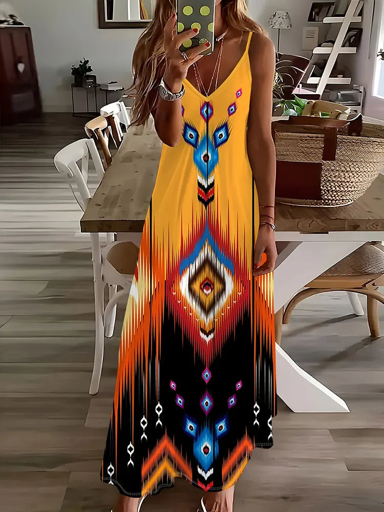 LP | 2024 New Vintage Ethnic Print Ladies Dress Elegant Summer Ladies Dress Casual Sleeveless Road Fashion Ladies Dress Long