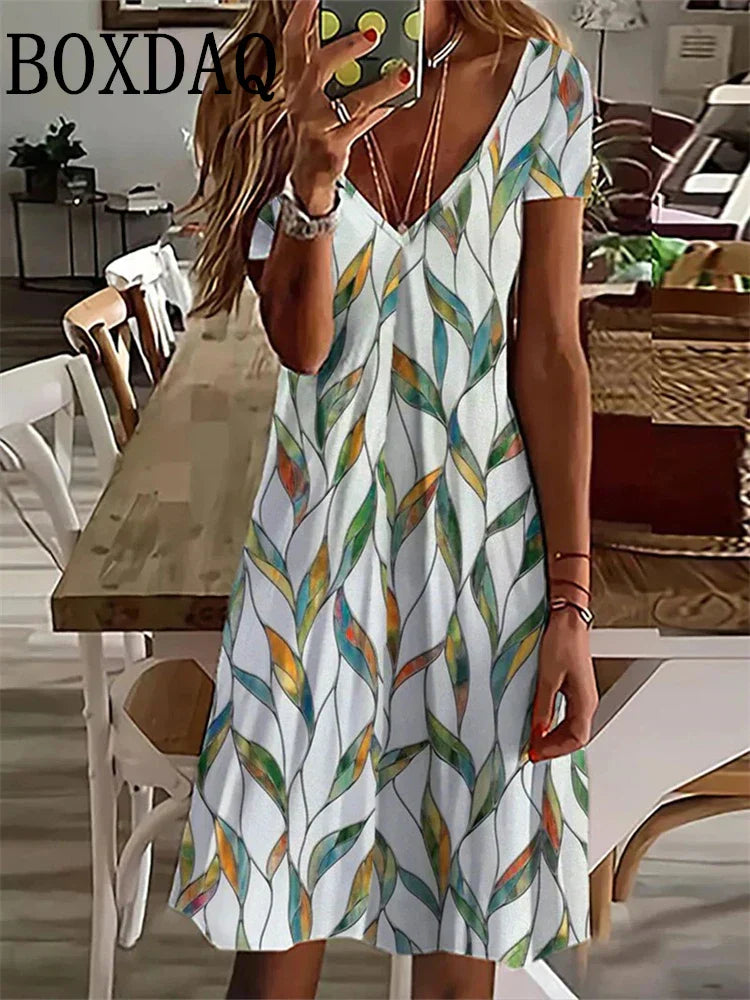 LP | Women's Sundress Midi Dress Short Sleeve Floral Print Summer Casual V Neck Loose Dresses Plus Size 2024 Women's Clothing Vestidos