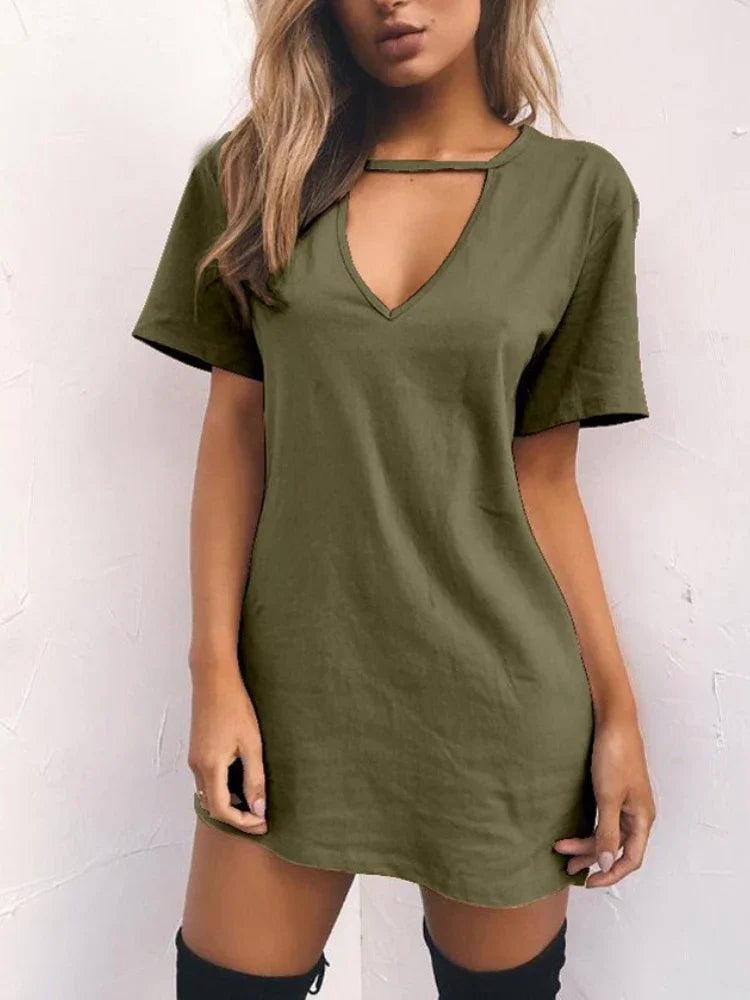 LP | Sexy Elegant Dress Wrap Deep V Neck Cut Out Loose Dress Women Solid Color Short Sleeve Mini Dress Club Party Vestidos