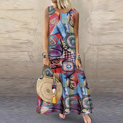 LP | ZANZEA Bohemian Floral Printed Dress Women Vintage Sleeveless O Neck Beach Sundress Summer Femme Fashion Vestido Robe Sarafans