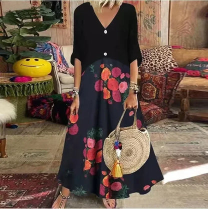 LP | 2025 Spring Oversize Women's Long Dress Print V-neck Short Sleeve Button Loose A-Line Dresses Women's Casual Clothing Elegant
