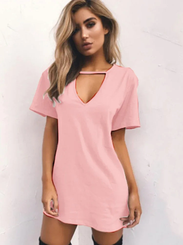 LP | Sexy Elegant Dress Wrap Deep V Neck Cut Out Loose Dress Women Solid Color Short Sleeve Mini Dress Club Party Vestidos