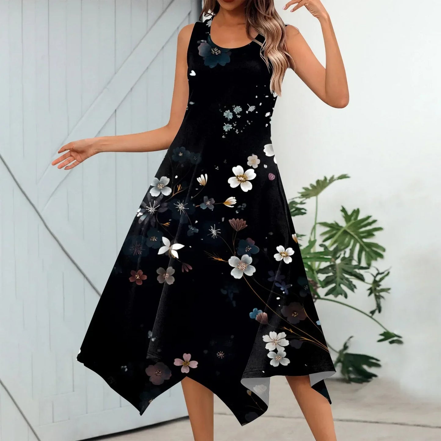 LP | Women's Casual Fashion Round Neck Sleeveless Print Hem Irregular Midi Dress Elegant Women's Summer Dresses 2024