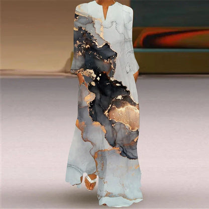 LP | 2024 Women with European and American Cross Borders New V-neck and Long Sleeve Sexy Printed Large Pocket Dress for Foreign Trade