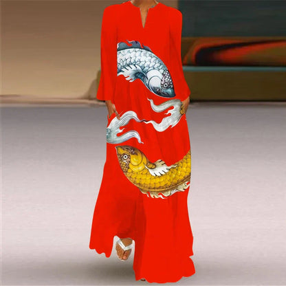 LP | 2024 Women with crossed European-American borders New dress with V-neck and long sleeve Sexy printed with big pocket Dress for foreign trade