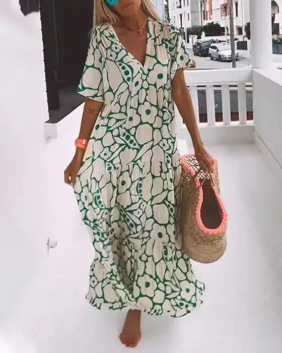 LP | 2024 AliExpress European-American Women with Crisscross Border Summer New Fashion Printed Short Sleeve Deep V-neck Long Dress
