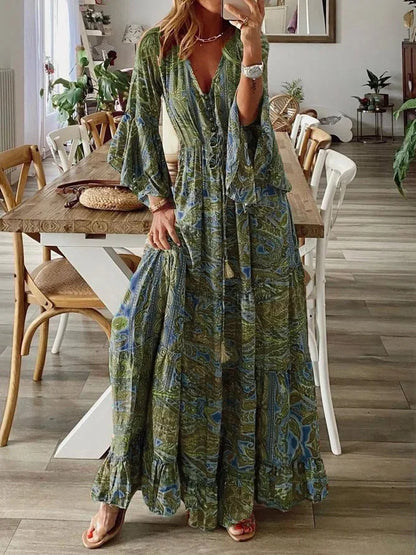 LP | 2023Crossed-edge bohemian-style flared sleeves printed V-neck high waist dress for vacations with floral dress-for-women
