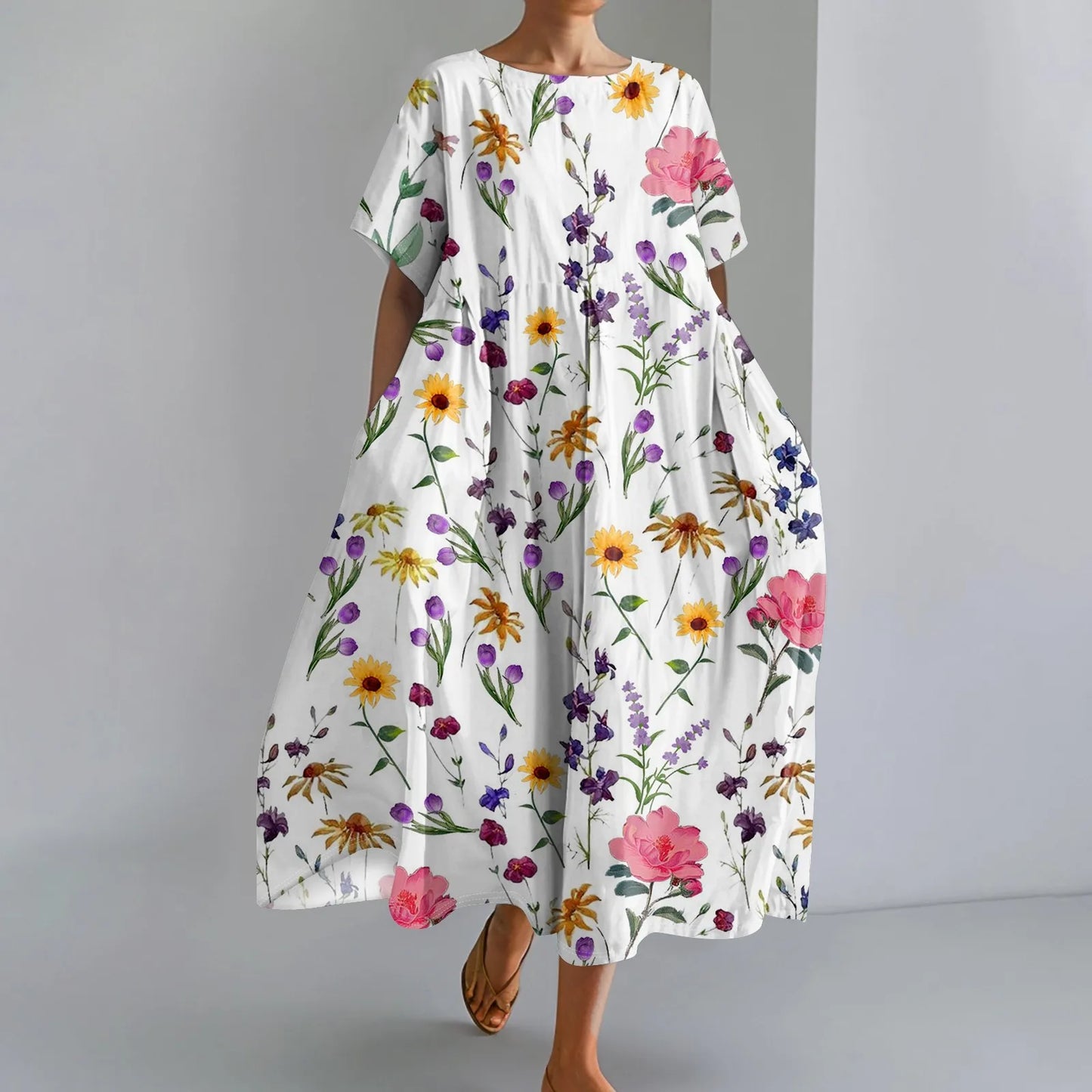 LP | Ladies' Large Sized Floral Printed Fashion Round Neck Short Sleeve Loose Large Pocket Long Dress Beach Comfortable Maxi Skirt