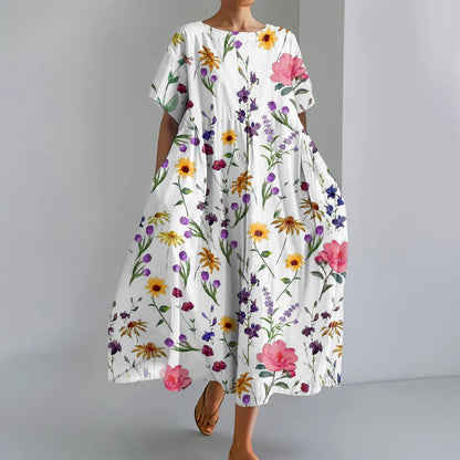LP | Ladies' Large Sized Floral Printed Fashion Round Neck Short Sleeve Loose Large Pocket Long Dress Beach Comfortable Maxi Skirt