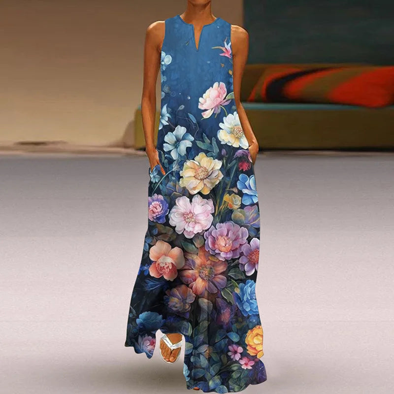 LP | 2025 Summer New Vintage Flower Printed Long Dresses Women Fashion V-neck Loose Sleeveless Dress Casual Pendulous Vestidos Female
