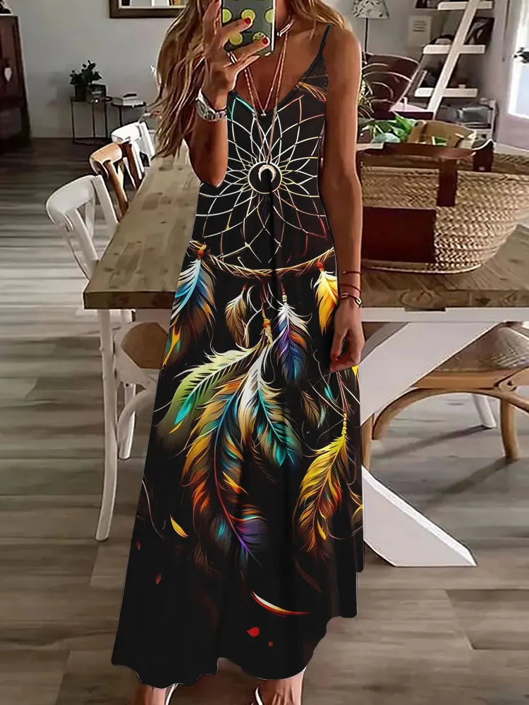 LP | 2024 New 3D Owl Print Vintage Gilet Sleeveless Long Women's Tribal Pattern Spaghetti Strap Dress Summer Long Loose Dresses