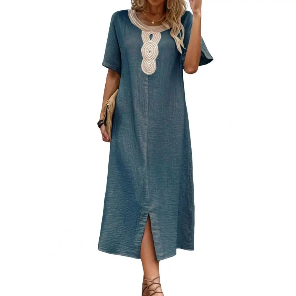 LP | Vintage Women Dress Summer Split Hemline Or Neck Loose Retro Bohemian Straight Casual Breathable Dress Midi