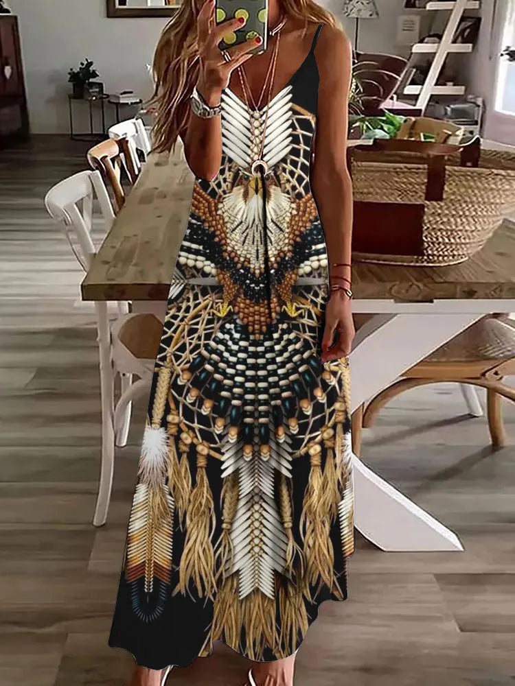 LP | 2024 New 3D Owl Print Vintage Gilet Sleeveless Long Women's Pattern Tribal Spaghetti Strap Dress Summer Long Loose Dresses
