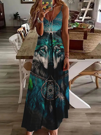 LP | 2024 New 3D Owl Print Vintage Gilet Sleeveless Long Women's Tribal Pattern Spaghetti Strap Dress Summer Long Loose Dresses