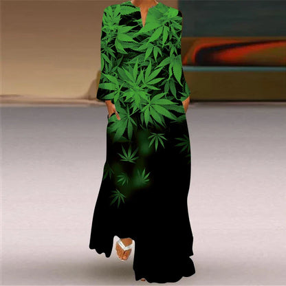 LP | 2024 Women with European and American Cross Borders New V-neck and Long Sleeve Sexy Printed Large Pocket Dress for Foreign Trade