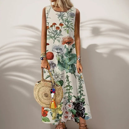 LP | Vintage Floral Printed Women Sleeveless Sundress Summer Loose Casual Beach Long Dress Ladies Bohemia Maxi Dresses Party Vestidos