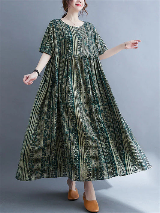 LP | Oversize Vintage Cotton Linen Stripes Green Summer Dresses For Women New Ladies Loose Fashion Casual Dress Femme Vestidos 2023