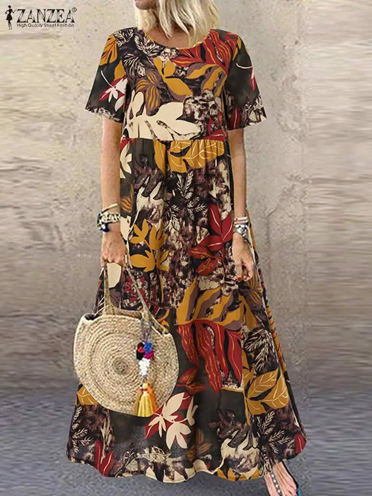 LP | ZANZEA 2023 Vintage Printed Dress Women's Summer Sundress Casual Short Sleeve Maxi Vestidos Female O Neck Floral Robe Femme