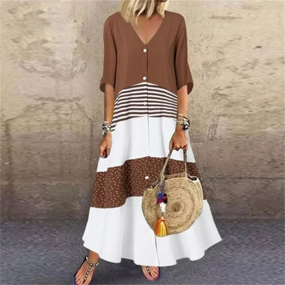 LP | 2025 Spring Oversize Women's Long Dress Print V-neck Short Sleeve Button Loose A-Line Dresses Women's Casual Clothing Elegant