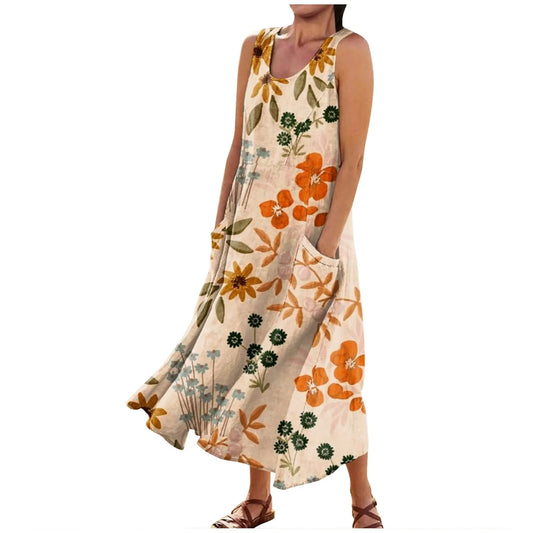 LP | Women's Boho Floral Printed Beach Long Dress Fashion Round Neck Shoulder Strap Dresses Elegant Casual Loose Comfortable Dress 2024