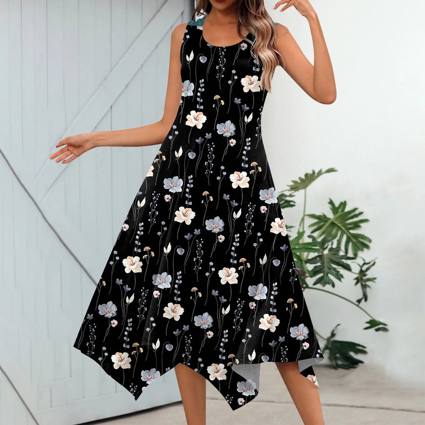 LP | Women's Casual Fashion Round Neck Sleeveless Print Hem Irregular Midi Dress Elegant Women's Summer Dresses 2024