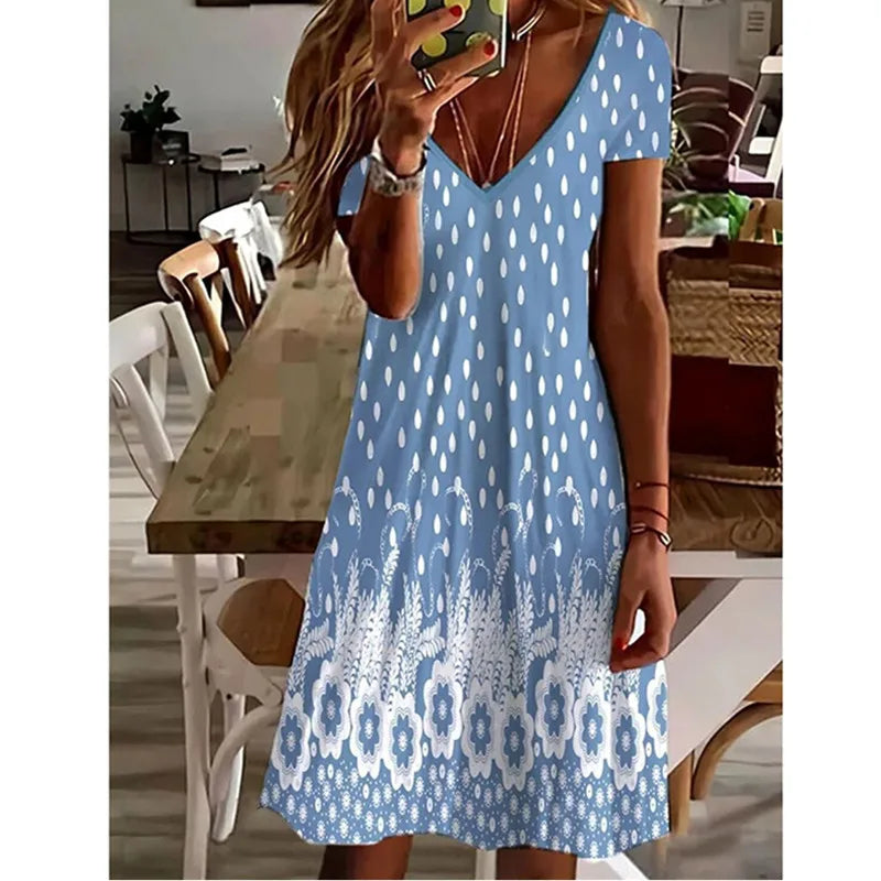 LP | Women Summer Short Sleeve V-Neck Casual Dress 3D Vintage Floral Printed Elegant Knee Dress S-3XL Lady Vestidos