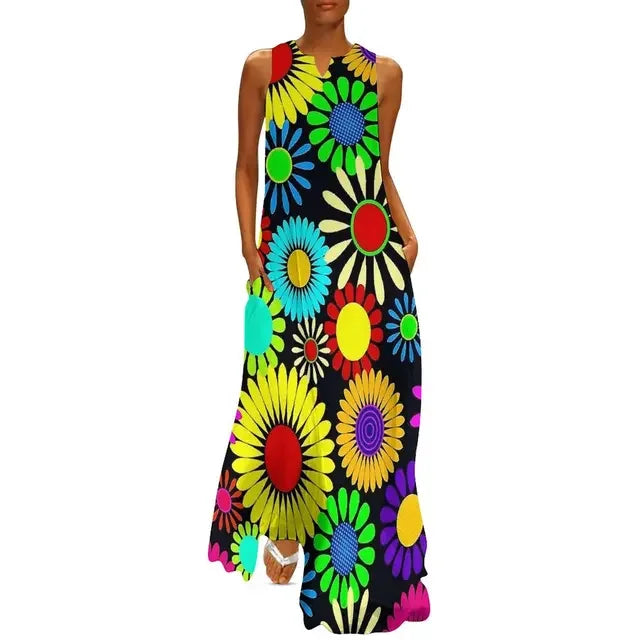 LP | Flower Power Women Dress Summer Print Floral Retro Road Wear Bohemia Long Dress Women's Sleeveless Sexy Maxi Dress Large Size 3XL