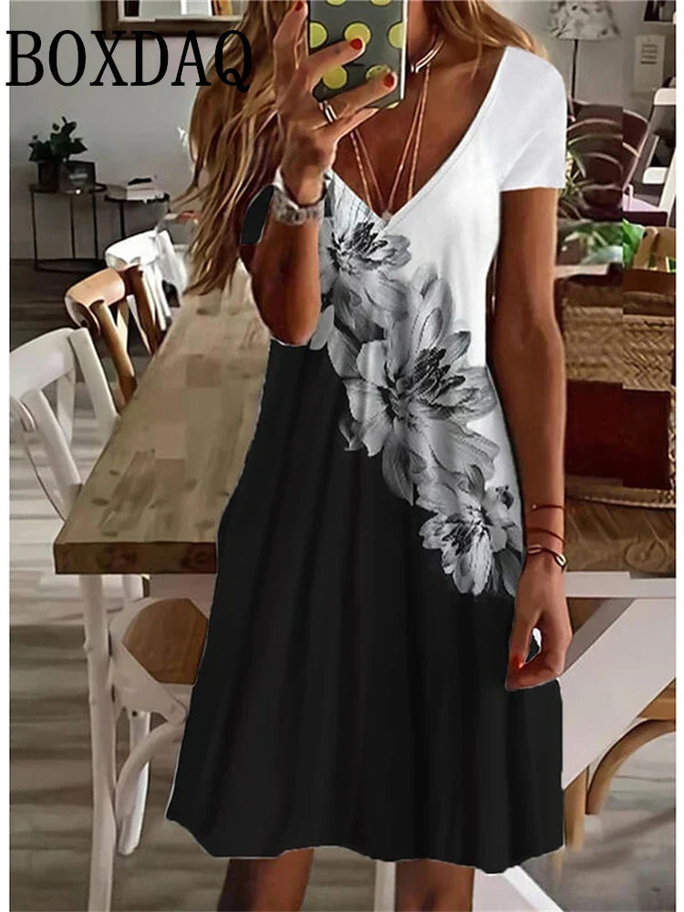 LP | Women's Sundress Midi Dress Short Sleeve Floral Print Summer Casual V Neck Loose Dresses Plus Size 2024 Women's Clothing Vestidos
