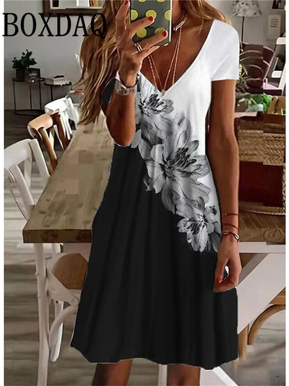 LP | Women's Sundress Midi Dress Short Sleeve Floral Print Summer Casual V Neck Loose Dresses Plus Size 2024 Women's Clothing Vestidos