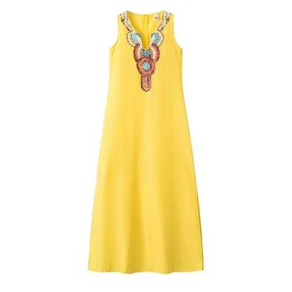 LP | women new casual loose cotton hemp bohemian sexy sleeveless deep V-neck side split dress
