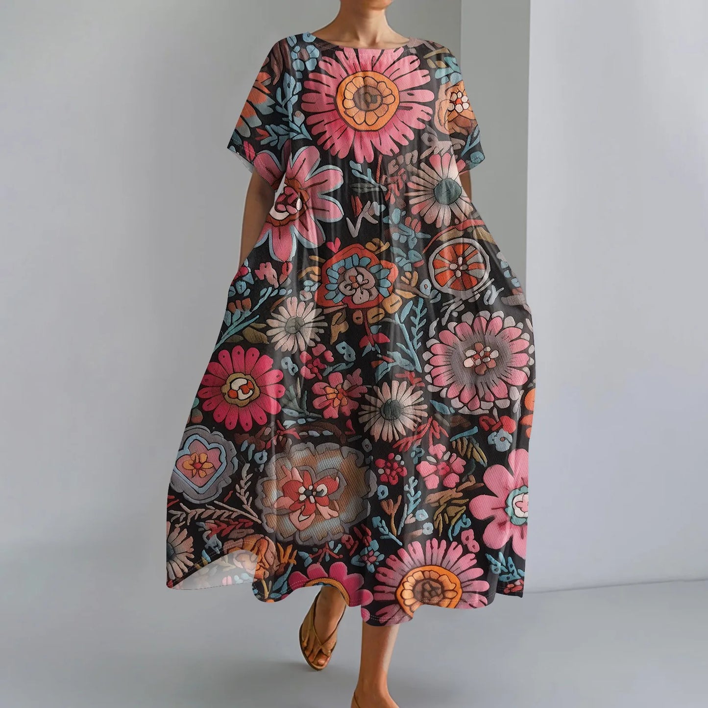 LP | Ladies' Large Sized Floral Printed Fashion Round Neck Short Sleeve Loose Large Pocket Long Dress Beach Comfortable Maxi Skirt