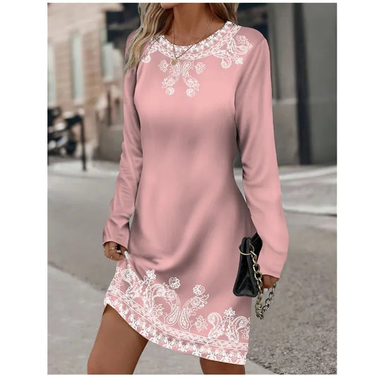 LP | Women Spring Neck Round Sleeve Long Plant Flower Printed Vintage Color Gradient Dress Casual Large Size 3XL Vestidos De Muer