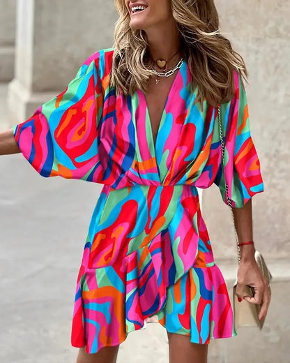 LP | Women's Print Sexy V-Neck Batwing Sleeves Ruffl Floral Print Bohemian Beach Sundress Ladies Loose Summer Vacation Mini Dresses