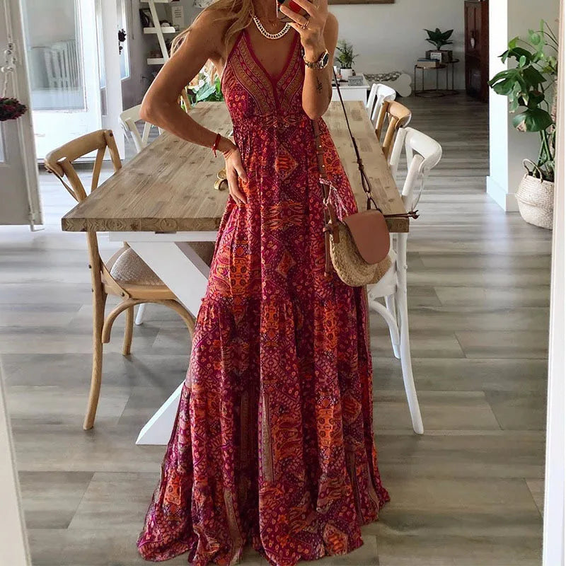 LP | European and American New 2023 Bohemian Style New Strap Long Waist High V-neck Printed Fragmented Dress Floral Women Wea