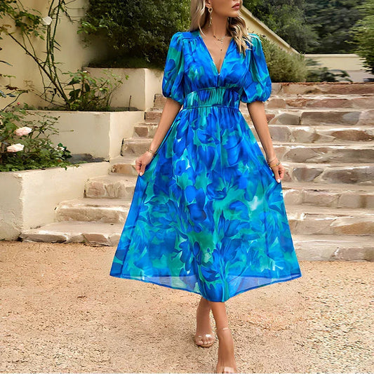Modern floral midi dress for ladies with short puff sleeves