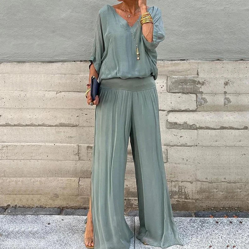 Elegant chiffon top with pants two-piece set