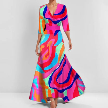 LP | Spring Summer Women Fashion V Neck Strap Party Dress Long Print Sexy Boho Maxi Dresses Short Sleeve Bag Femlae Holiday